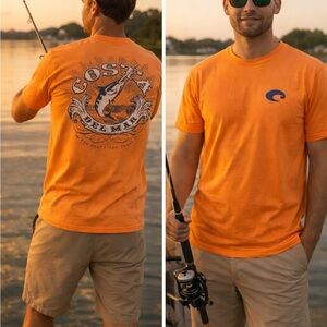 Costa Del Mar Men’s Orange Marlin Fishing Graphic Tee & Logo Decal (S, M) NWT